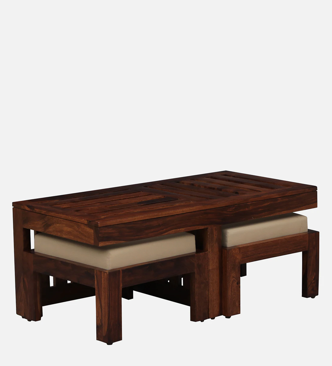 Solid Wood Nesting Coffee Table Set With Cushioned Stools By Classic Wood - Image 8