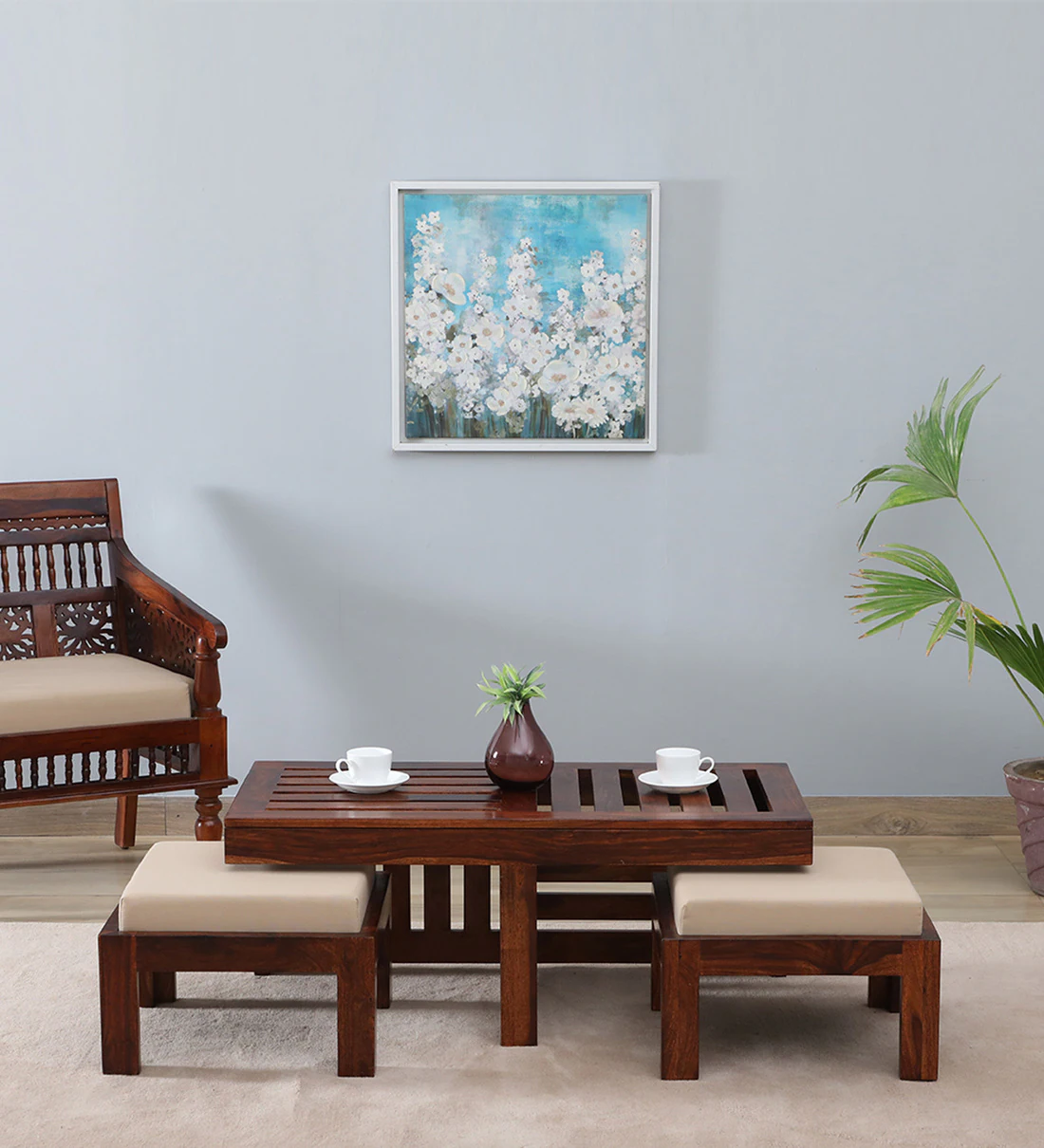 Modern living room solid wood nesting coffee table and stool set by Classic Wood.