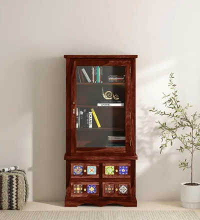 Modern compact bookshelf in Sheesham wood with drawer storage for study room