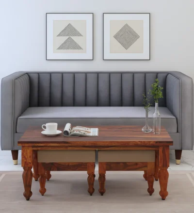 Space-saving coffee table with stools made of solid wood for living room