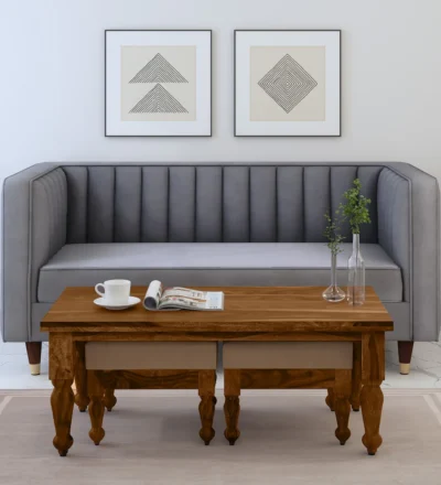 Sheesham wood coffee table with cushioned stools, space-saving nesting design for living room