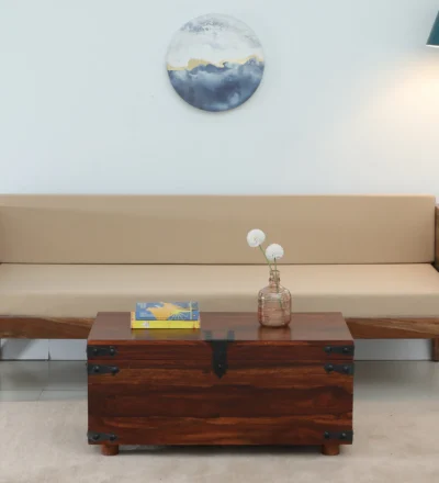 Modern Sheesham coffee table with lift-up top, hidden storage compartment, and metal frame.