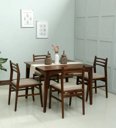 Elegant dining table set with dual tone wood design and comfortable upholstered seats