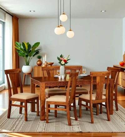 Six-seater dining set with square wooden table for compact kitchens