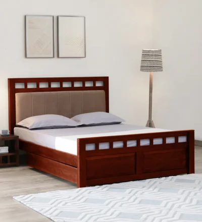 Solid wood bedroom bed with headboard and built-in drawer storage