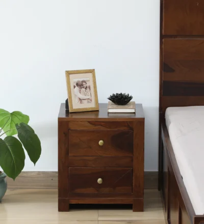 Dual tone wooden bedside table with contrasting drawers and smooth polished finish