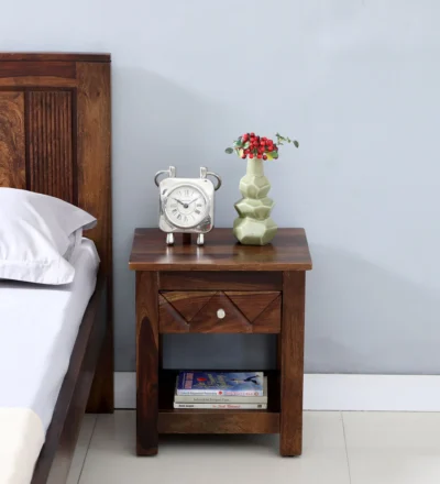 Sheesham wood nightstand with decorative drawer handles and soft-close mechanism, elegant wooden bedside table for bedroom