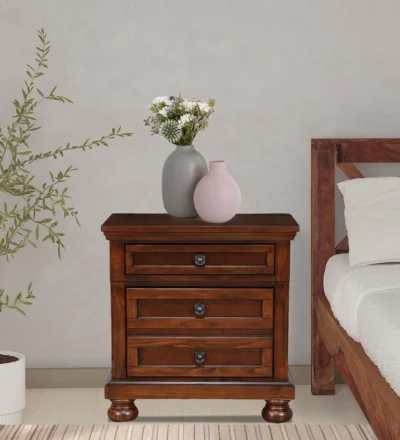Compact Sheesham wood nightstand with spacious drawer and open storage shelf, wooden bedside table for bedroom