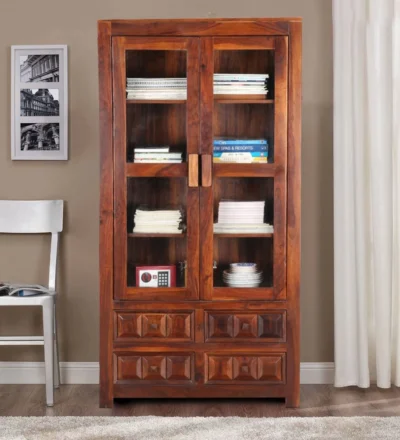 Elegant Indian style Sheesham wood bookcase with customizable shelf storage.