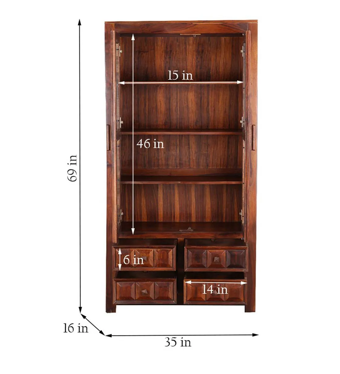 Tall Sheesham Wood Bookcase with Adjustable Shelves and Classic Indian Style - Image 3