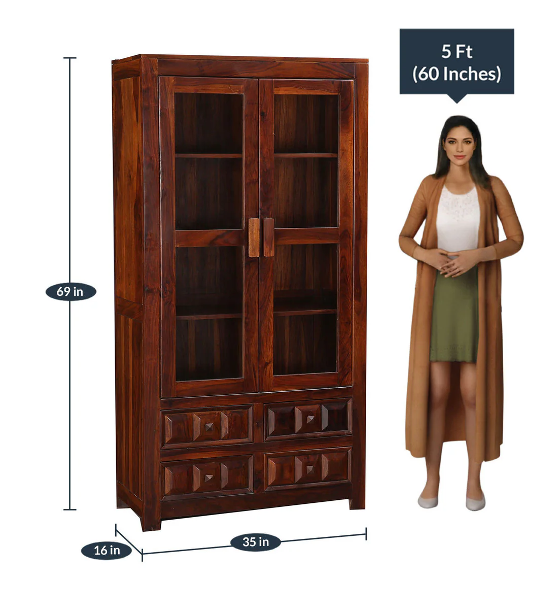 Tall Sheesham Wood Bookcase with Adjustable Shelves and Classic Indian Style - Image 4