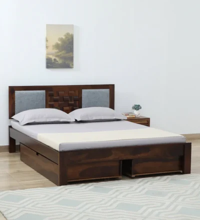 Modern wooden bed featuring spacious underbed storage drawers.