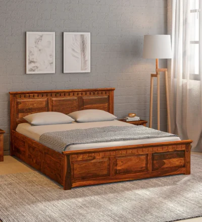Stylish wooden double bed with vertical headboard and storage