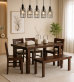 Dlvora Sheesham Wood 6 Seater Dining Set with Bench and Cushioned Chairs