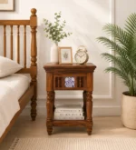Fhuya Acacia Wood Bedside Table in Raw Honey Finish with Cabinet