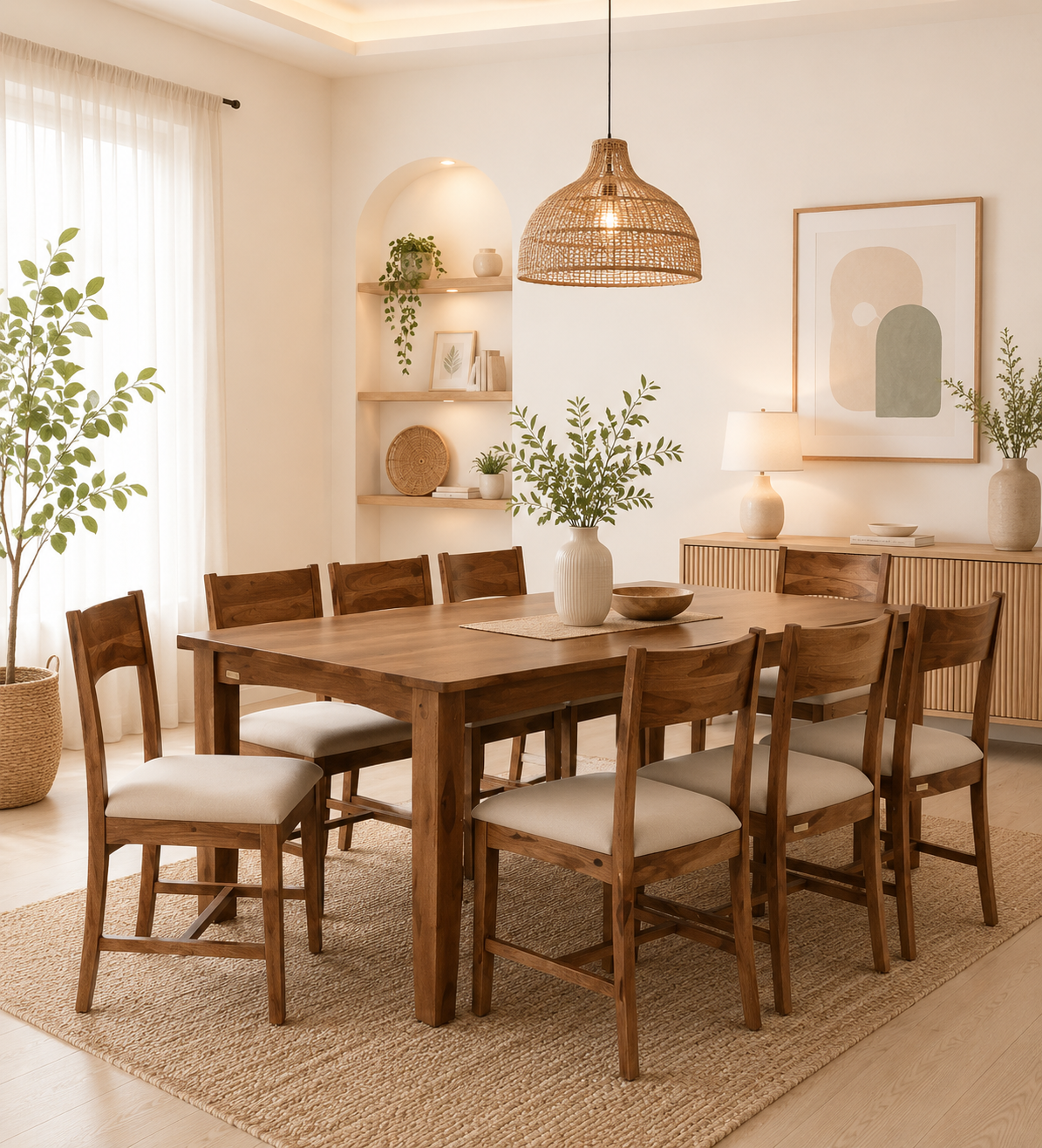 Fstario Classic Sheesham Wood 8 Seater Dining Table with Bench & Chairs classic wood (1) Fstario Classic Sheesham Wood 8 Seater Dining Table with Bench & Chairs - Image 1
