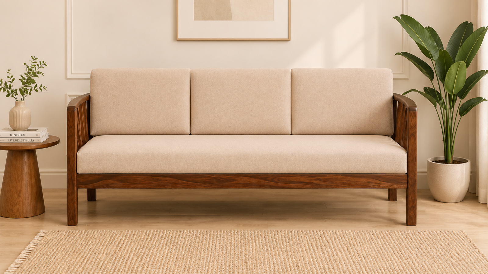 Junka Sheesham Wood 3 Seater Sofa In Honey Oak Finish Classicwood (1) Aura Modern Wooden 3 Seater Sofa with Cushioned Seating - Image 1