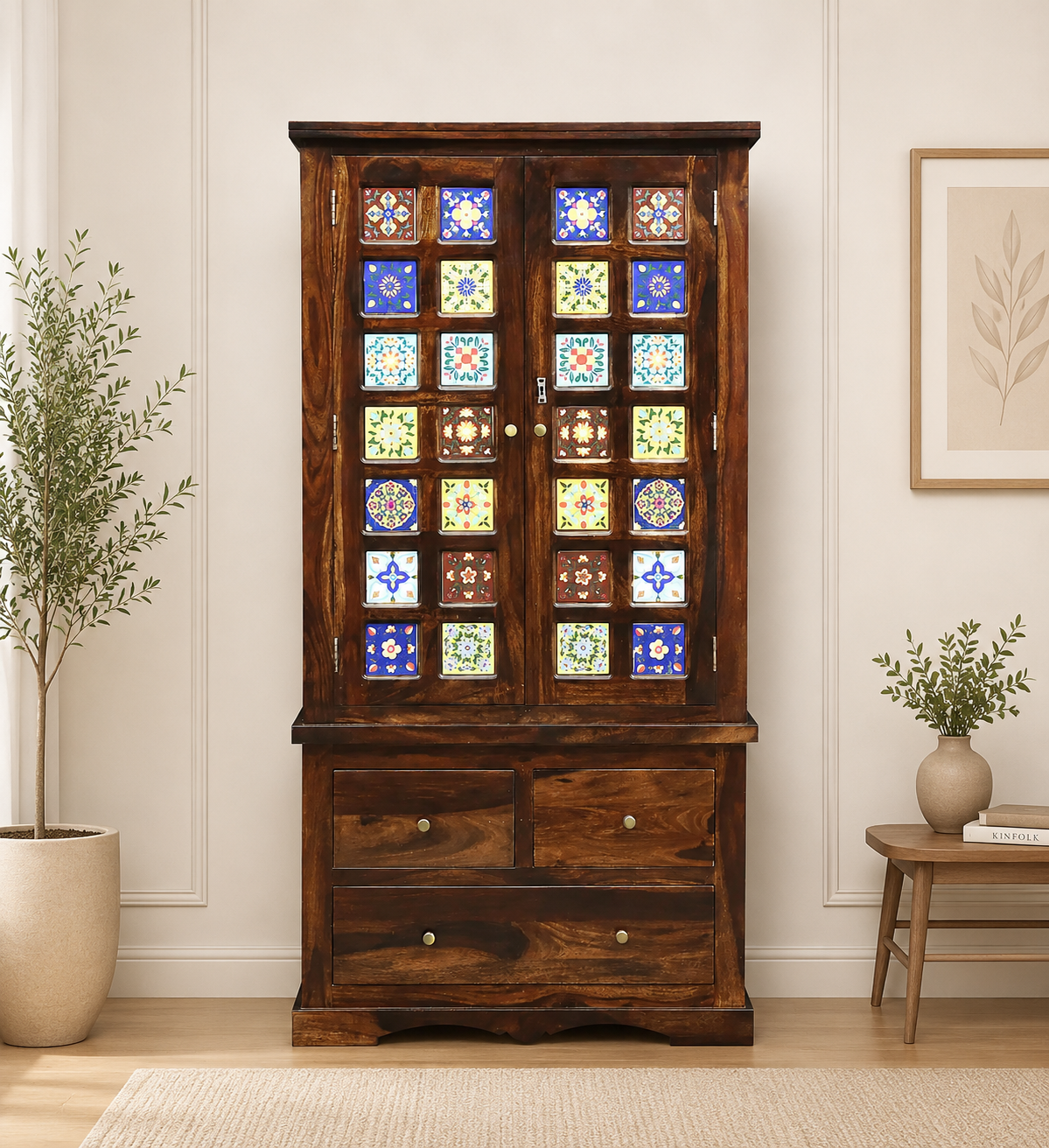 Lohemia Sheesham Wood Storage Cabinet with Decorative Tiles classic wood (1) Lohemia Sheesham Wood Storage Cabinet with Decorative Tiles - Image 1