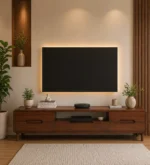 Luxury Walnut Finish TV Unit with Backlit Panel Design