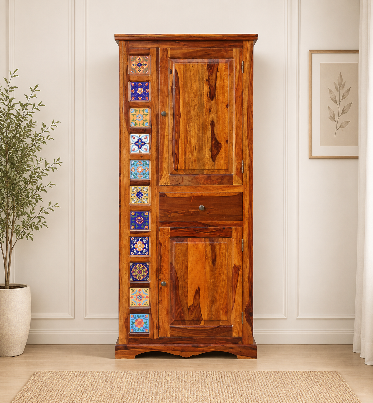 Terona Sheesham Wood 2 Door Wardrobe with Handcrafted Tile Design classic wood (1) Terona Sheesham Wood 2 Door Wardrobe with Handcrafted Tile Design - Image 1