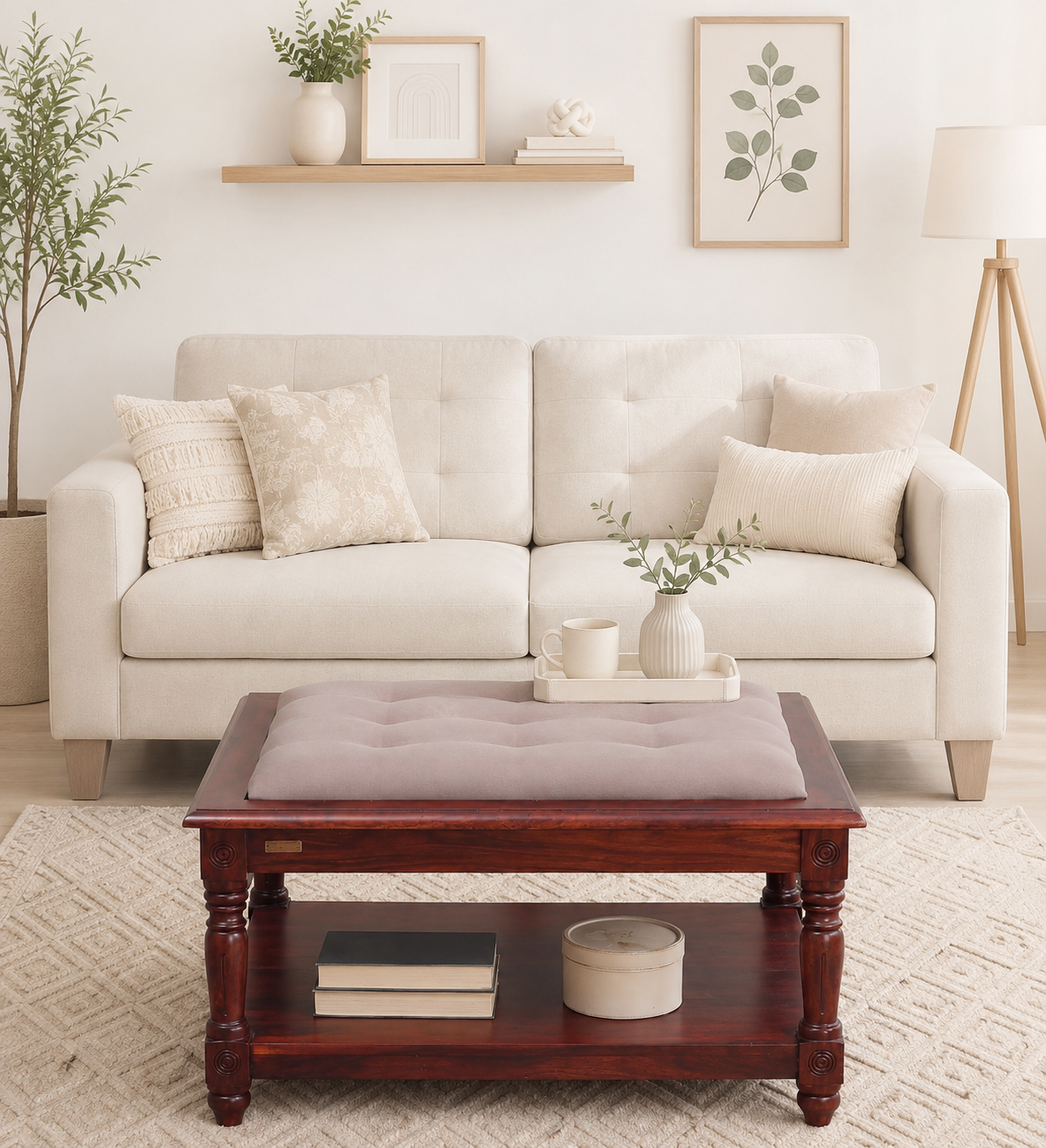 classic wood (1) Birchwood Round Coffee Table with Wicker Shelf in White - Image 1