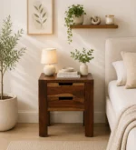 Queln Solid Wood Bedside Table in Mossy Stone Natural Finish