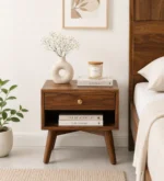 Grevolk Acacia Wood Nightstand in Aged Pumice Finish with Door