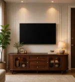 Minimalist walnut finish tv unit with storage for large screen tv in india