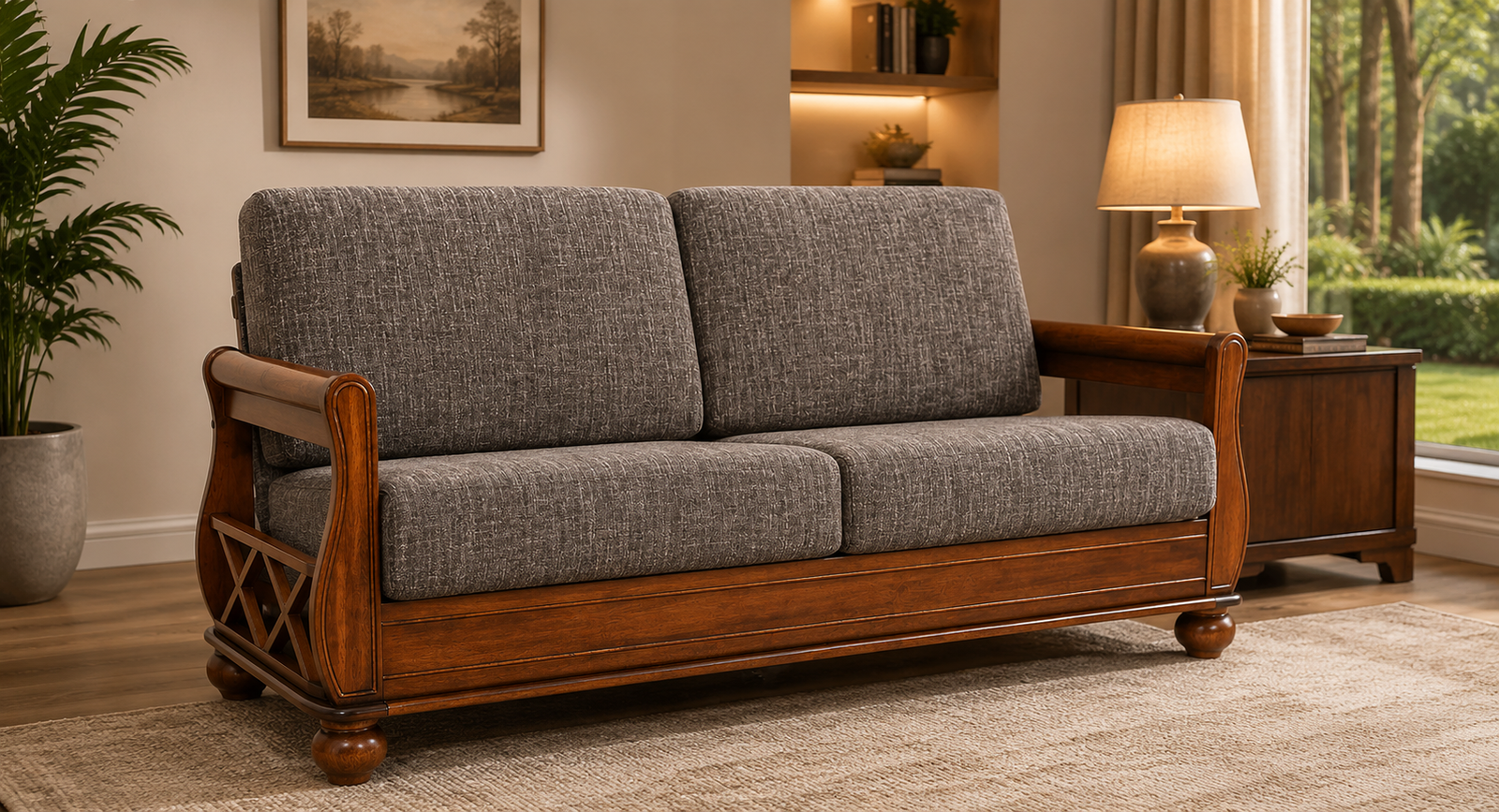 text 3 Seater Sofa In Brown Colour classicwood (1) Haven Sheesham Wood 3 Seater Sofa in Brown Finish - Image 1