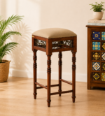 Alder Sheesham Wood Counter Height Bar Stool in Teak Finish