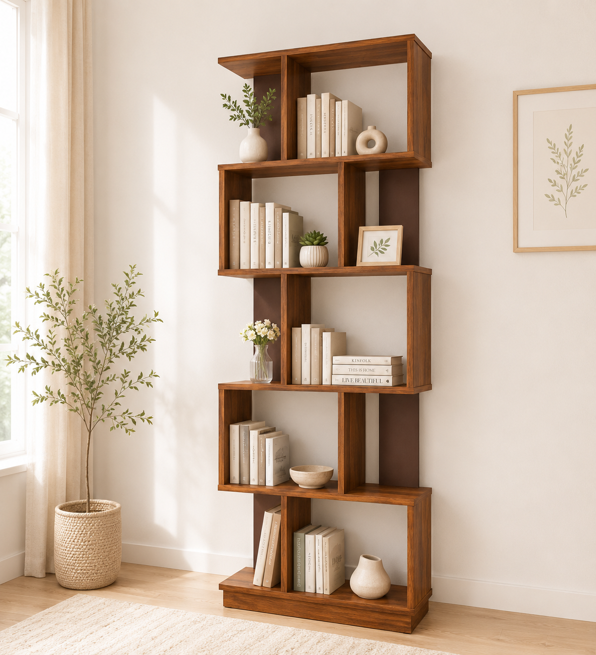 Aranyak Solid Wood Bookshelf with Bamboo Shelf Edges in Deep Forest (1) Aranyak Solid Wood Bookshelf with Bamboo Shelf Edges in Deep Forest Brown - Image 1