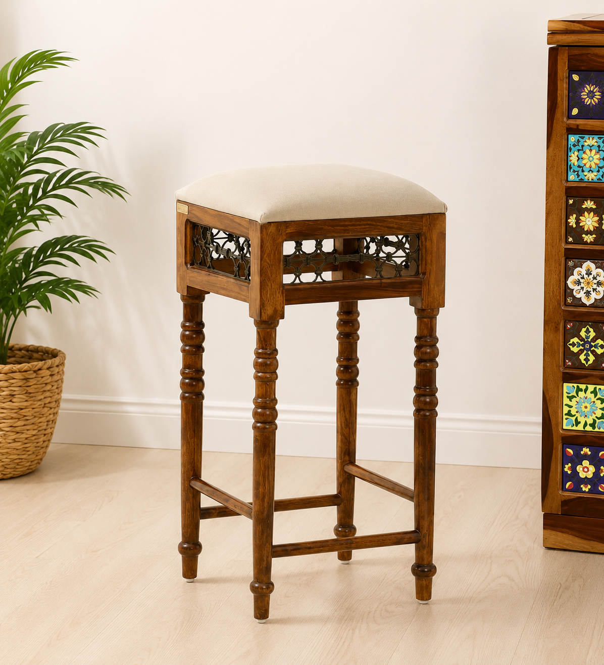 Briston Wooden Bar Stool with Backrest in Honey Finish classic wood (1) Briston Wooden Bar Stool with Backrest in Honey Finish - Image 1
