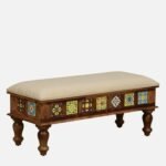 Classic Wood Tile Solid Sheesham Wood 6 Seater Dining Table Set with Cushioned Bench & Chairs | Premium Handcrafted Wooden Dining Furniture - Image 5