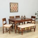 Classic Wood Tile Solid Sheesham Wood 6 Seater Dining Table Set with Cushioned Bench & Chairs | Premium Handcrafted Wooden Dining Furniture