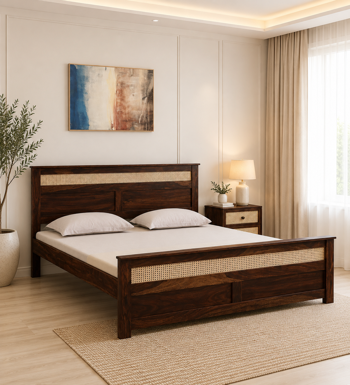 Erwyn Acacia Wood Queen Size Bed Without Storage in Warm Natural Finish classic wood (1) Erwyn Acacia Wood Queen Size Bed Without Storage in Warm Natural Finish - Image 1