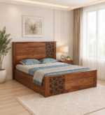 Jorwin Sheesham Solid Wood Queen Size Hydraulic Storage Bed in Light Oak Finish