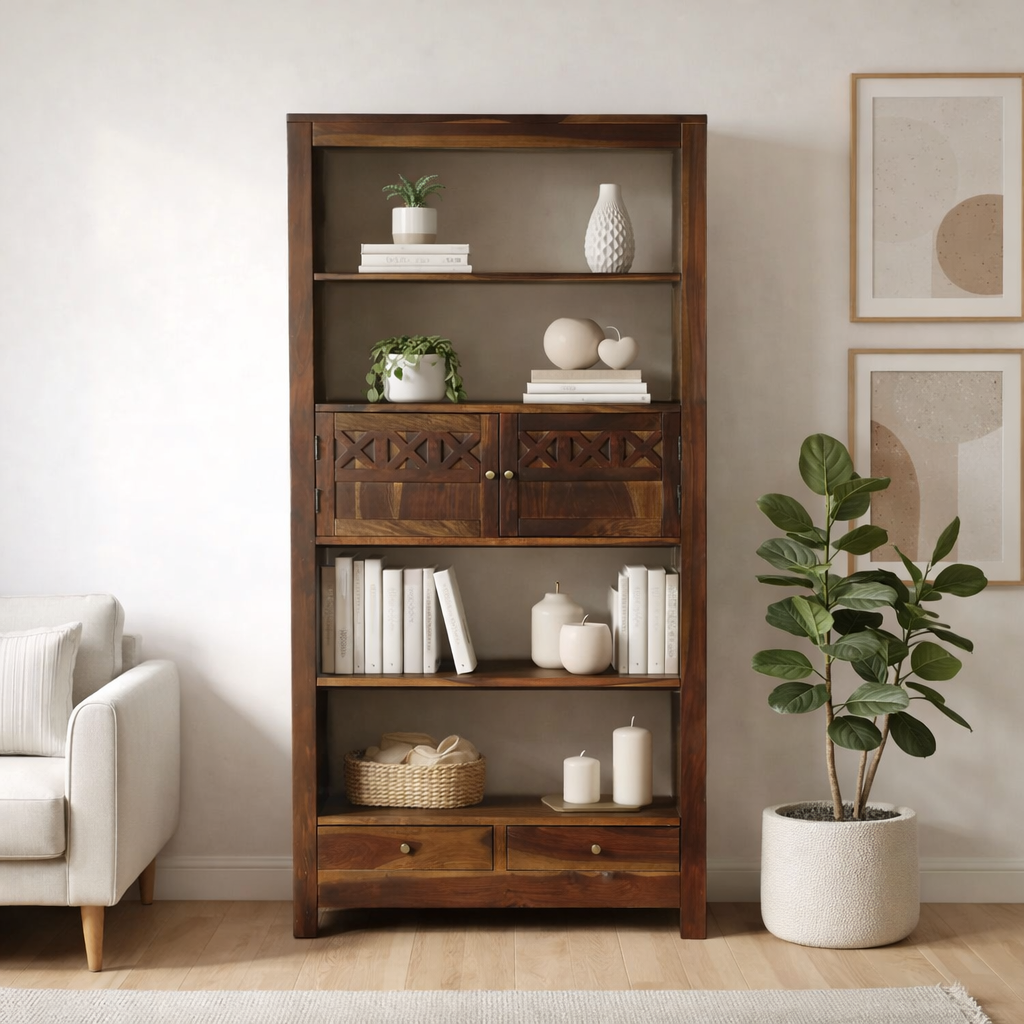 Kramik Solid Sheesham Wood Bookshelf in Natural Oak Finish classic wood (1) Kramik Solid Sheesham Wood Bookshelf in Natural Oak Finish - Image 1