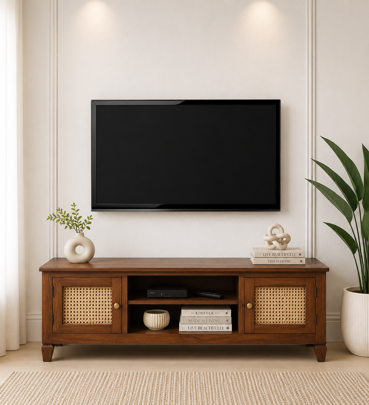 Pebblex Solid Acacia Wood TV Unit with Stone Texture Base in Pebble Grey classic wood (5) Pebblex Solid Acacia Wood TV Unit with Stone Texture Base in Pebble Grey - Image 1