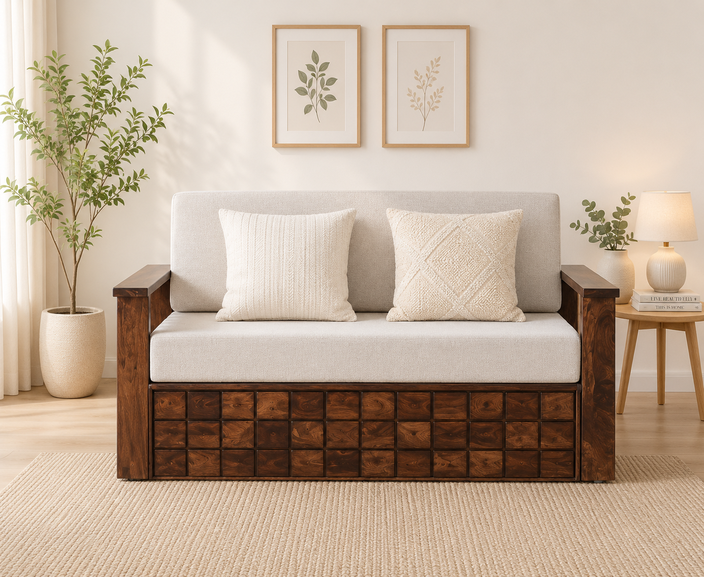 Riviera Premium Wooden Sofa Cum Bed With Plush Cushions classic wood (1) Riviera Premium Wooden Sofa Cum Bed With Plush Cushions - Image 1