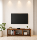 Sandoval Mango Wood TV Cabinet with Rattan Door Panels in Sandstone Finish
