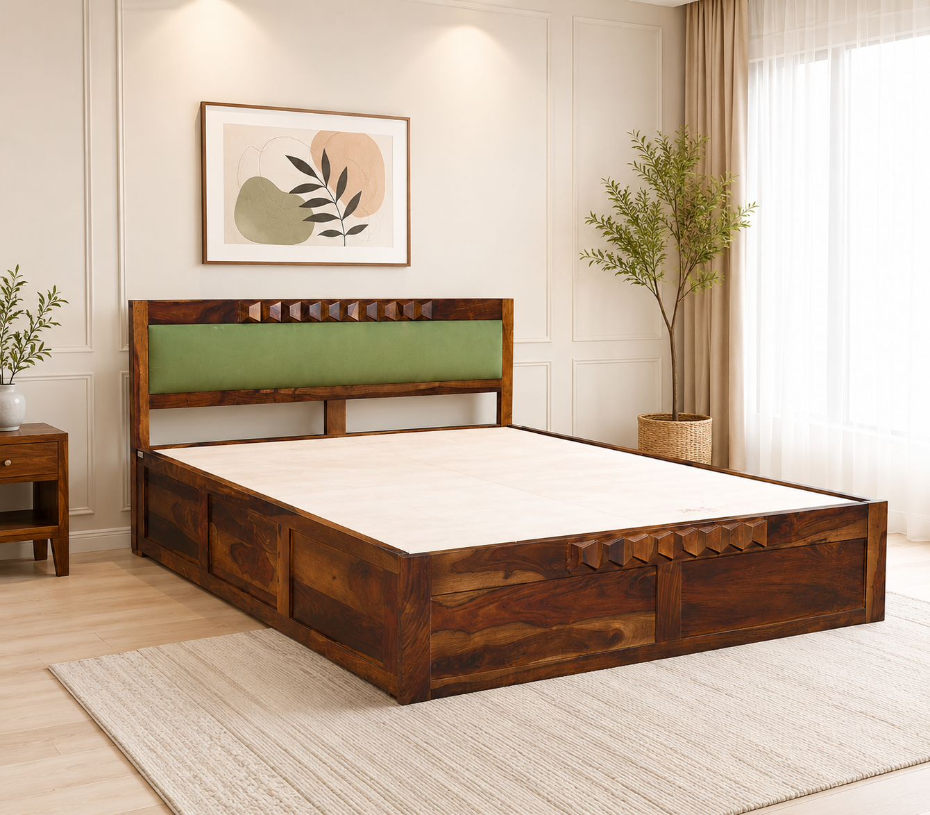 Taldric Mango Wood Queen Size Hydraulic Storage Bed in Pecan Brown Finish classic wood (1) Taldric Mango Wood Queen Size Hydraulic Storage Bed in Pecan Brown Finish - Image 1