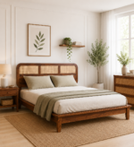 Welvorn Acacia Wood Queen Size Bed Without Storage in Wheat Walnut Finish