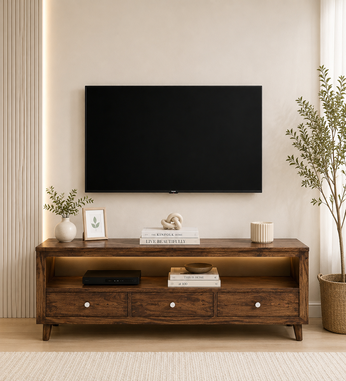 Woodmira Mango Wood TV Unit with 2 Cabinets and Open Display Shelf classic wood (1) Woodmira Mango Wood TV Unit with 2 Cabinets and Open Display Shelf - Image 1