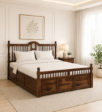 Zelvyn Teak Solid Wood Queen Size Hydraulic Bed With Storage in Copper Teak Finish