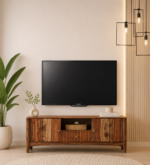 Nestara Solid Wood TV Cabinet with Glass Shutter Doors in Warm Chestnut