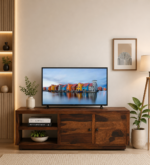 Caswell Engineered Wood TV Unit with Side Cabinets and Mesh Door in Walnut