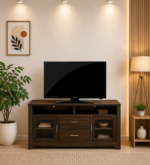 Luxora Solid Teak Wood TV Unit with Brass Inlay Handles in Dark Mahogany