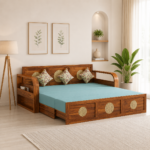 Ashford Sheesham Wood Sofa Cum Bed in Scratch Resistant Natural Wood Finish