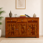 Classic Sheesham Solid Wood Display Cabinet with Glass Doors and Natural Honey Finish
