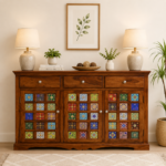 Contemporary Sheesham Wood Organizer Cabinet with Wooden Doors and Natural Grain Finish